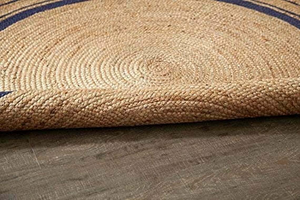 Handwoven Round Jute Rug with Navy Blue Stripes, Natural Braided Area Rug, Boho Farmhouse Living Room Decor