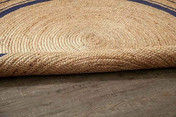 Handwoven Round Jute Rug with Navy Blue Stripes, Natural Braided Area Rug, Boho Farmhouse Living Room Decor