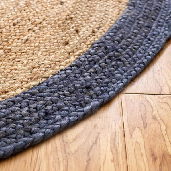 Natural Jute Round Rug with Navy Blue Border Handwoven Braided Area Rug