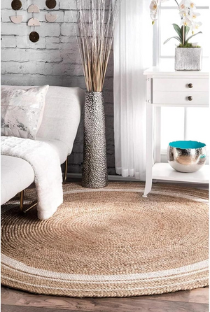 Handwoven Round Jute Rug with White Border Natural Boho Area Rug