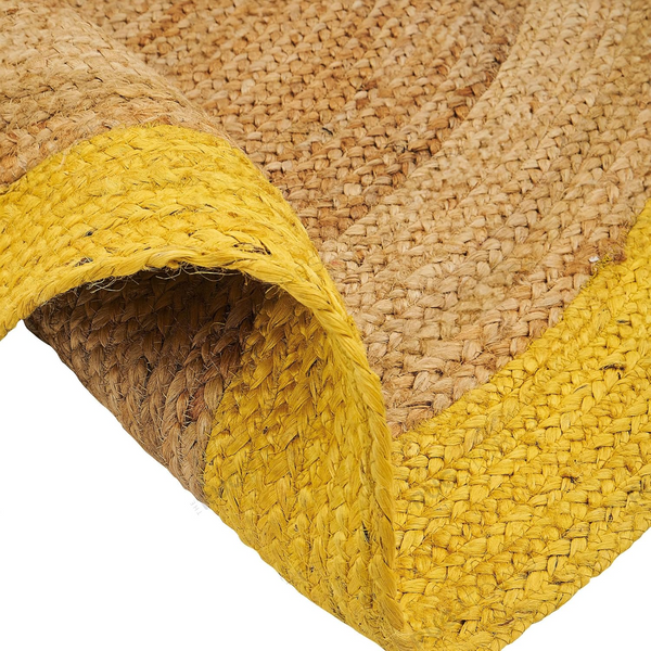Handwoven Round Jute Rug with Yellow Border Natural Braided Area Rug