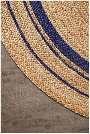 Handwoven Round Jute Rug with Navy Blue Stripes, Natural Braided Area Rug, Boho Farmhouse Living Room Decor