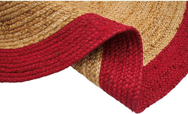 Handwoven Round Jute Rug with Burgundy Border Natural Braided Jute Area Rug