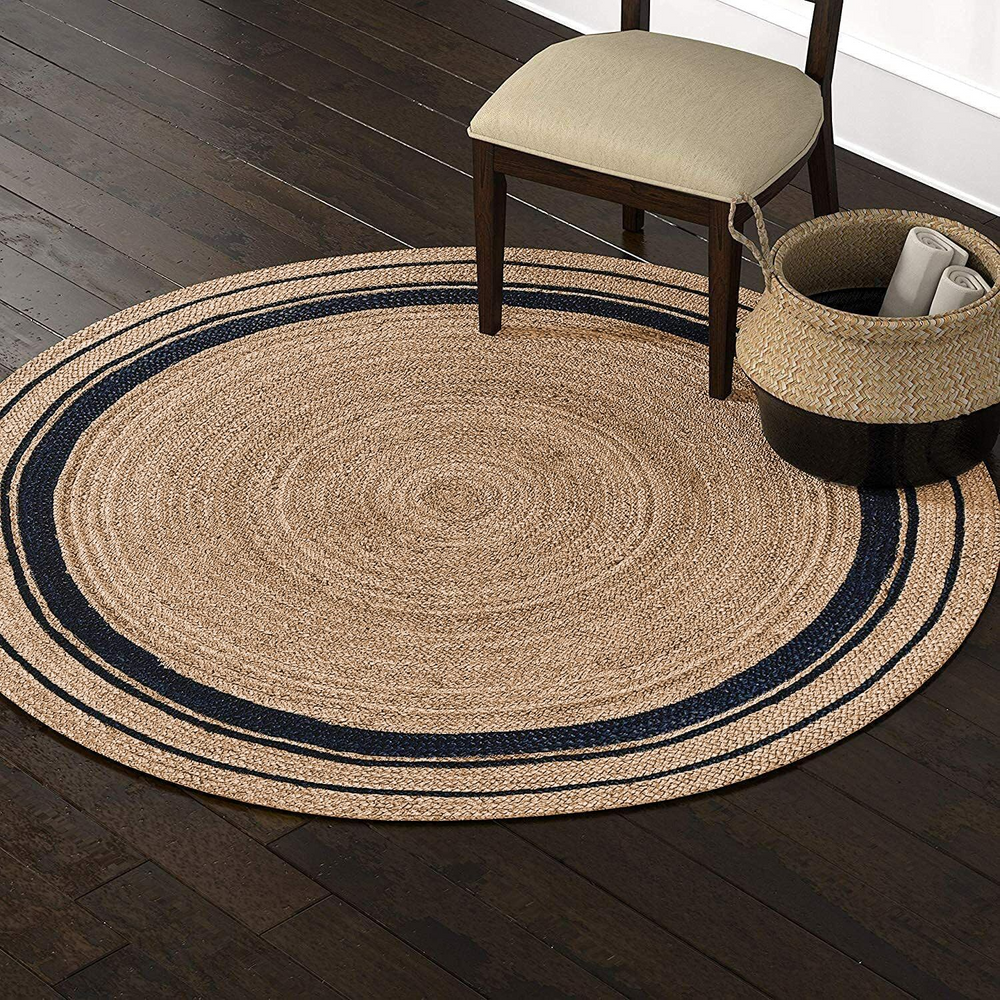 Handwoven Round Jute Rug with Black Stripes - Natural Braided Boho Area Rug
