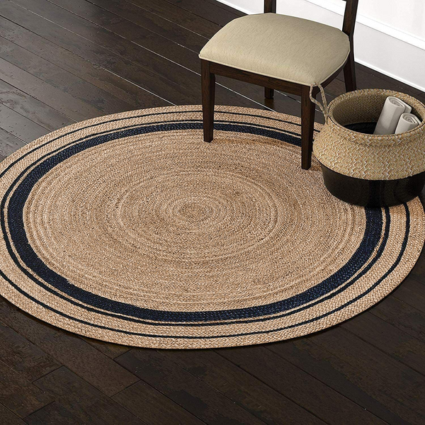 Handwoven Round Jute Rug with Black Stripes - Natural Braided Boho Area Rug