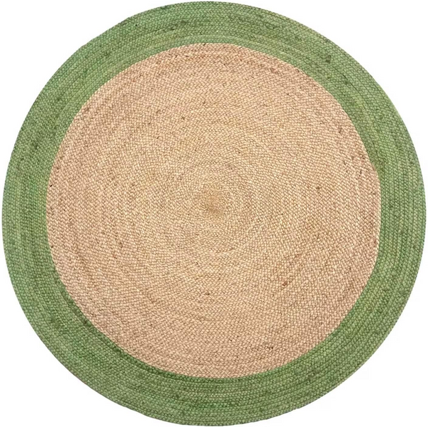Round Natural Jute Rug with Green Border Handwoven Braided Area Rug Boho Farmhouse Rug