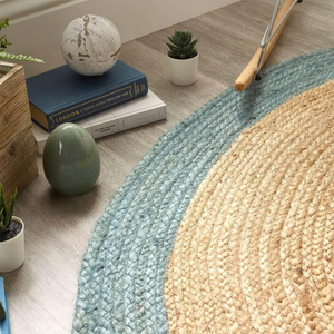 Round Natural Jute Rug with Teal Blue Border Handwoven Braided Area Rug