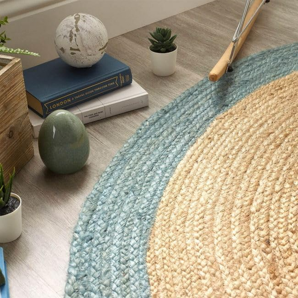 Round Natural Jute Rug with Teal Blue Border Handwoven Braided Area Rug