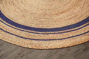 Handwoven Round Jute Rug with Navy Blue Stripes, Natural Braided Area Rug, Boho Farmhouse Living Room Decor
