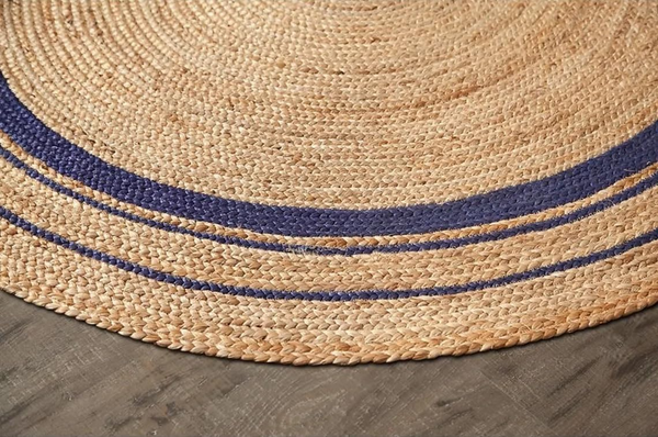 Handwoven Round Jute Rug with Navy Blue Stripes, Natural Braided Area Rug, Boho Farmhouse Living Room Decor