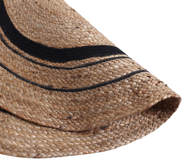 Handwoven Round Jute Rug with Black Stripes - Natural Braided Boho Area Rug
