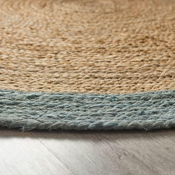 Round Natural Jute Rug with Teal Blue Border Handwoven Braided Area Rug