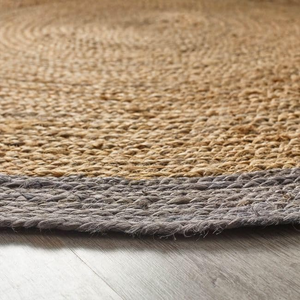 Round natural jute rug with gray border for living room decor