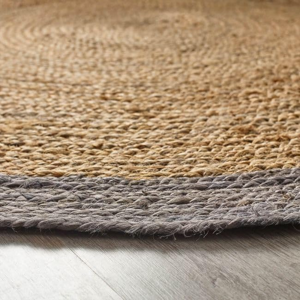 Round natural jute rug with gray border for living room decor