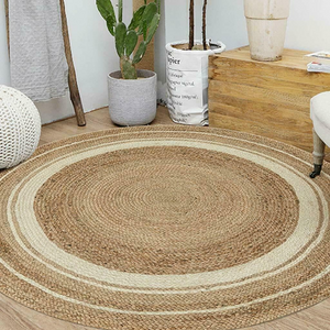Handwoven Round Jute Rug with White Border Natural Boho Area Rug
