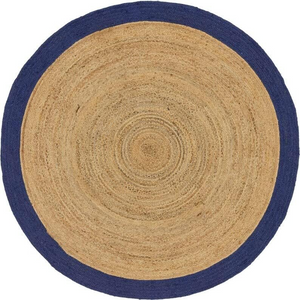 Natural Jute Round Rug with Navy Blue Border Handwoven Braided Area Rug