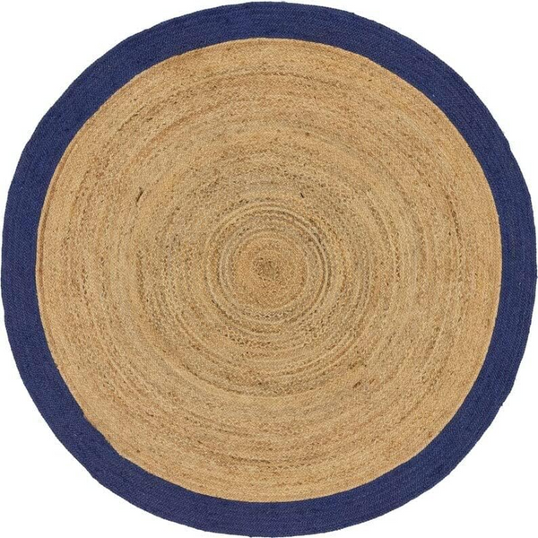 Natural Jute Round Rug with Navy Blue Border Handwoven Braided Area Rug