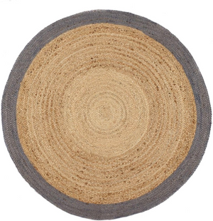 Round natural jute rug with gray border for living room decor