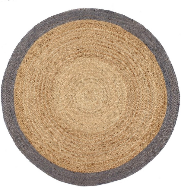 Round natural jute rug with gray border for living room decor