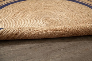 Handwoven Round Jute Rug with Navy Blue Stripes, Natural Braided Area Rug, Boho Farmhouse Living Room Decor