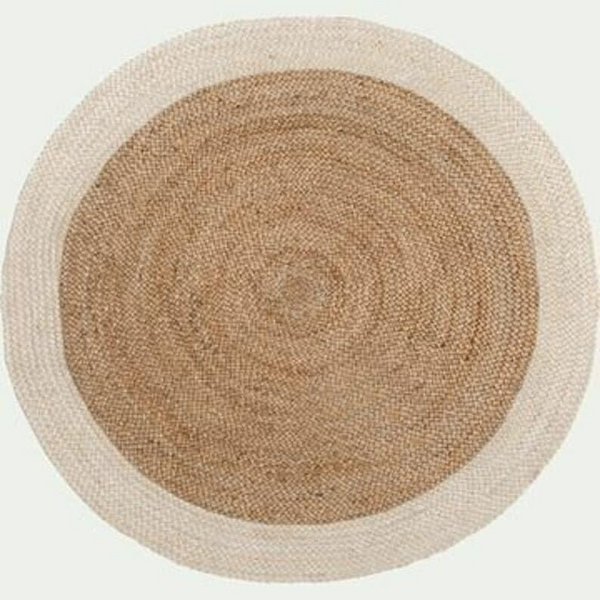 Round Natural Jute Rug with Ivory Border Handwoven Braided Area Rug