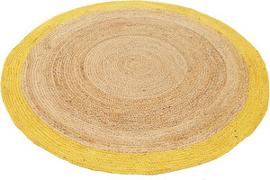 Handwoven Round Jute Rug with Yellow Border Natural Braided Area Rug