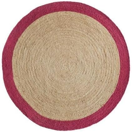 Handwoven Round Jute Rug with Burgundy Border Natural Braided Jute Area Rug