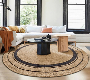 Handwoven Round Jute Rug with Black Stripes - Natural Braided Boho Area Rug