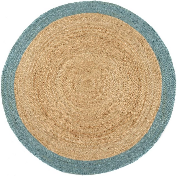 Round Natural Jute Rug with Teal Blue Border Handwoven Braided Area Rug