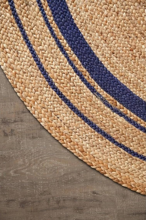 Handwoven Round Jute Rug with Navy Blue Stripes, Natural Braided Area Rug, Boho Farmhouse Living Room Decor