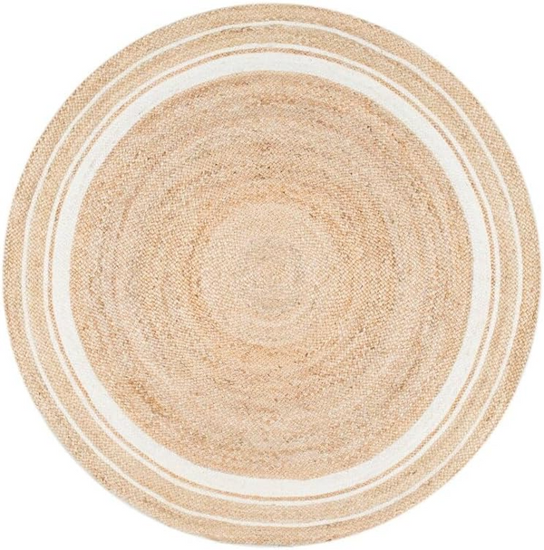 Handwoven Round Jute Rug with White Border Natural Boho Area Rug
