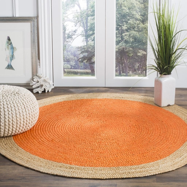 Handwoven Orange Jute Rug Natural Border Round Area Rug Boho Farmhouse Living Room