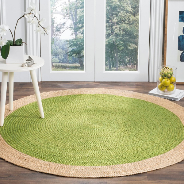 Handwoven Round Jute Rug with Green Center | Natural Braided Area Rug | Boho Farmhouse Living Room Rug