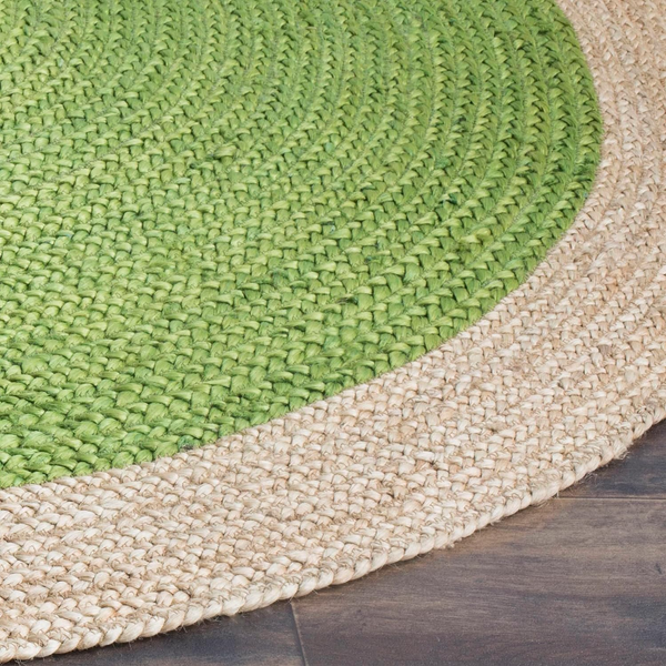 Handwoven Round Jute Rug with Green Center | Natural Braided Area Rug | Boho Farmhouse Living Room Rug