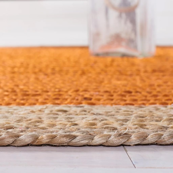 Handwoven Orange Jute Rug Natural Border Round Area Rug Boho Farmhouse Living Room