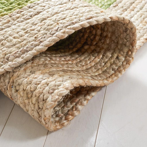 Handwoven Round Jute Rug with Green Center | Natural Braided Area Rug | Boho Farmhouse Living Room Rug