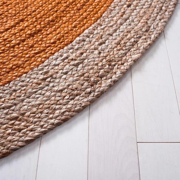 Handwoven Orange Jute Rug Natural Border Round Area Rug Boho Farmhouse Living Room