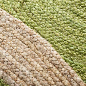 Handwoven Round Jute Rug with Green Center | Natural Braided Area Rug | Boho Farmhouse Living Room Rug