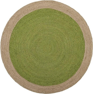 Handwoven Round Jute Rug with Green Center | Natural Braided Area Rug | Boho Farmhouse Living Room Rug
