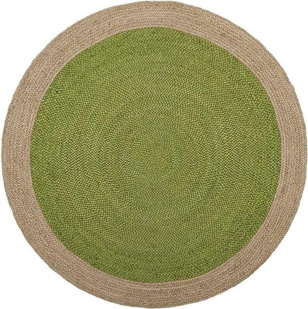 Handwoven Round Jute Rug with Green Center | Natural Braided Area Rug | Boho Farmhouse Living Room Rug