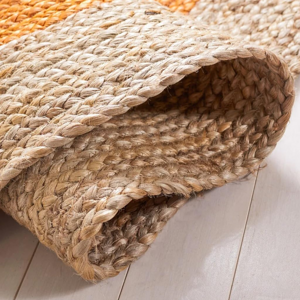 Handwoven Orange Jute Rug Natural Border Round Area Rug Boho Farmhouse Living Room