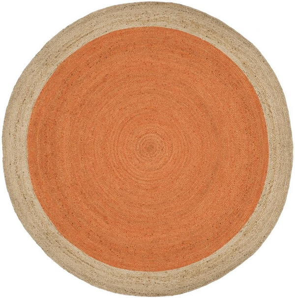 Handwoven Orange Jute Rug Natural Border Round Area Rug Boho Farmhouse Living Room