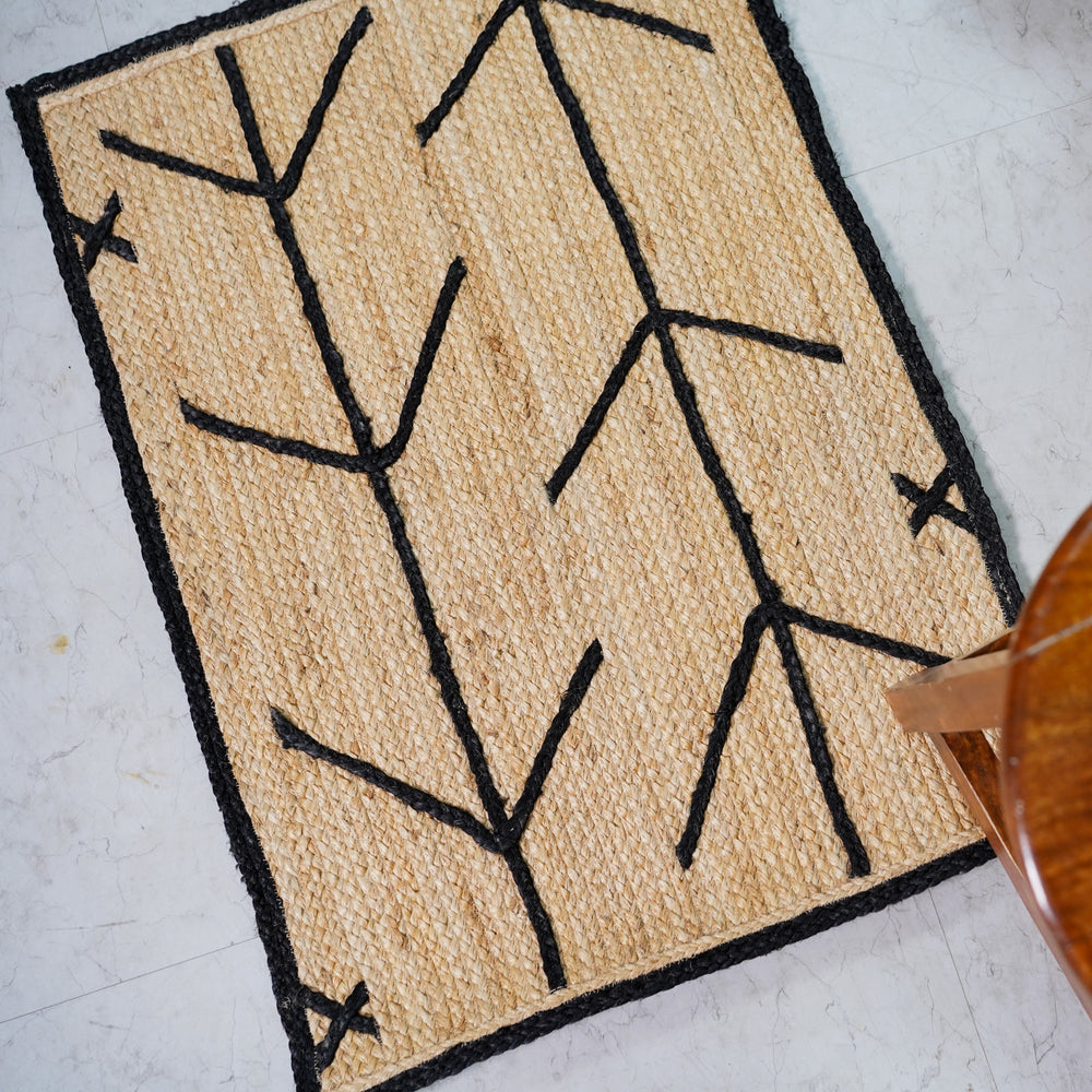 Handwoven Natural Jute Rug with Black Geometric Pattern Modern Handmade Area Rug