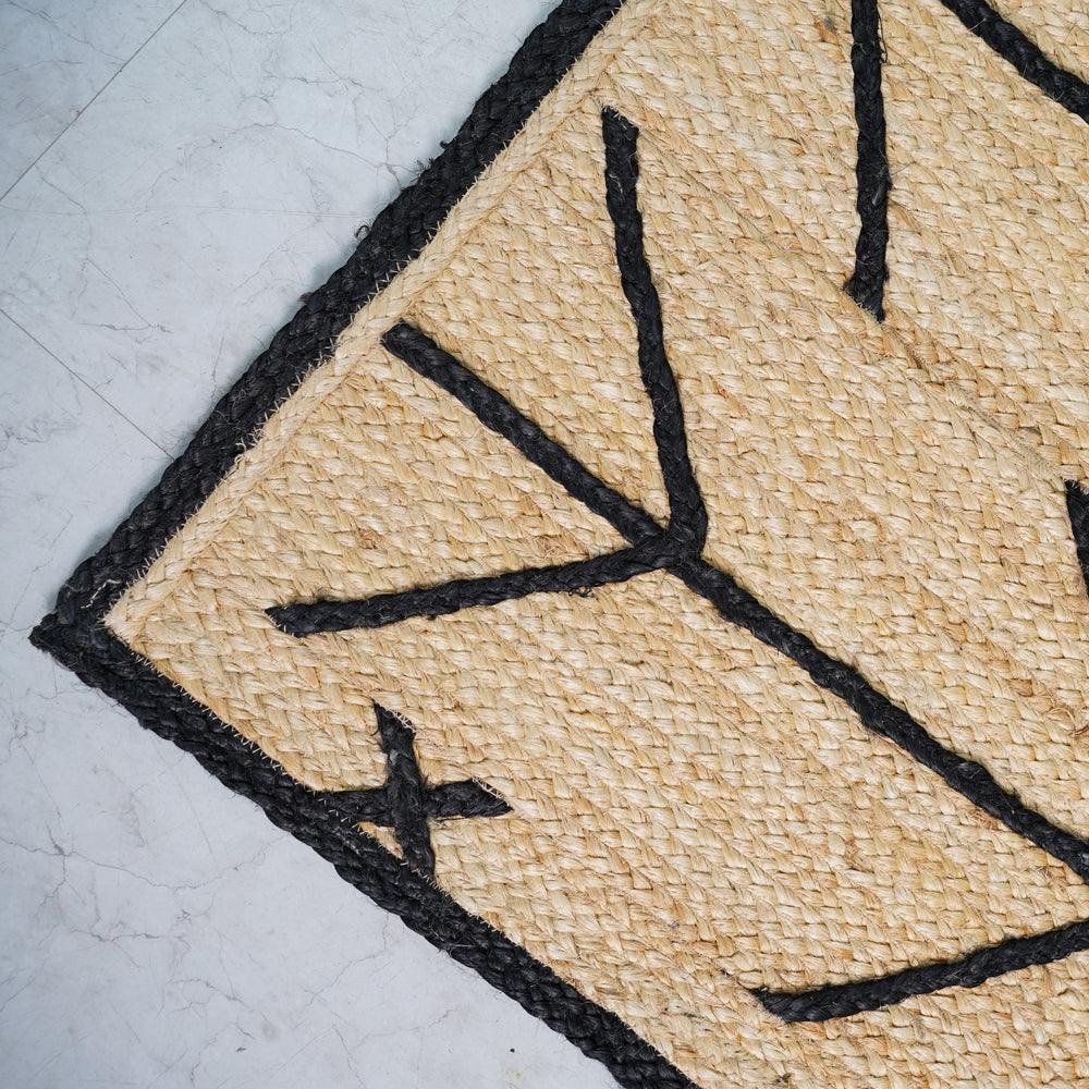 Handwoven Natural Jute Rug with Black Geometric Pattern Modern Handmade Area Rug