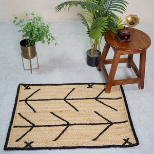 Handwoven Natural Jute Rug with Black Geometric Pattern Modern Handmade Area Rug