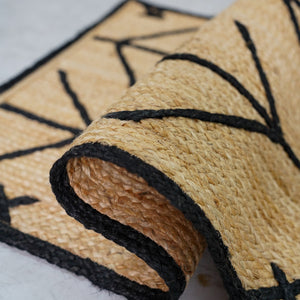 Handwoven Natural Jute Rug with Black Geometric Pattern Modern Handmade Area Rug