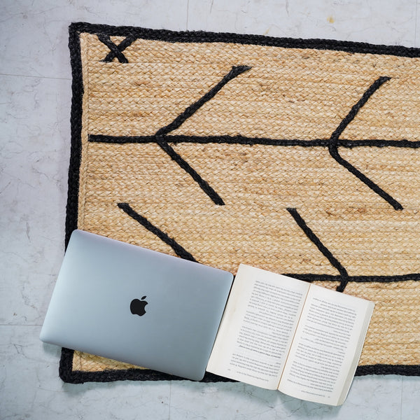 Handwoven Natural Jute Rug with Black Geometric Pattern Modern Handmade Area Rug