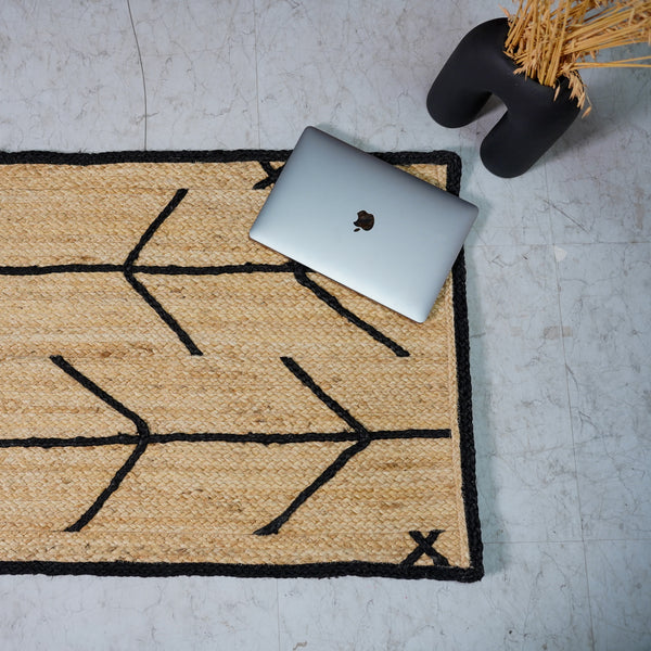 Handwoven Natural Jute Rug with Black Geometric Pattern Modern Handmade Area Rug