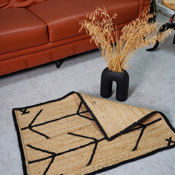 Handwoven Natural Jute Rug with Black Geometric Pattern Modern Handmade Area Rug