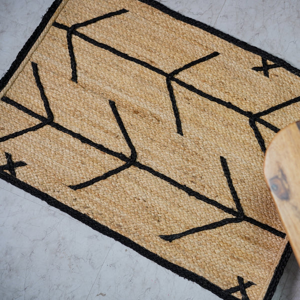 Handwoven Natural Jute Rug with Black Geometric Pattern Modern Handmade Area Rug